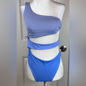 Altar'd State One-Shoulder Two-Tone Blue Cutout One-Piece Swimsuit